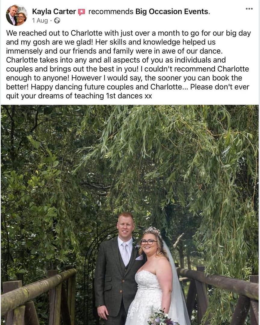 A screenshot of a review left on Feel The Beats facebook page by a Wedding Dance Couple 